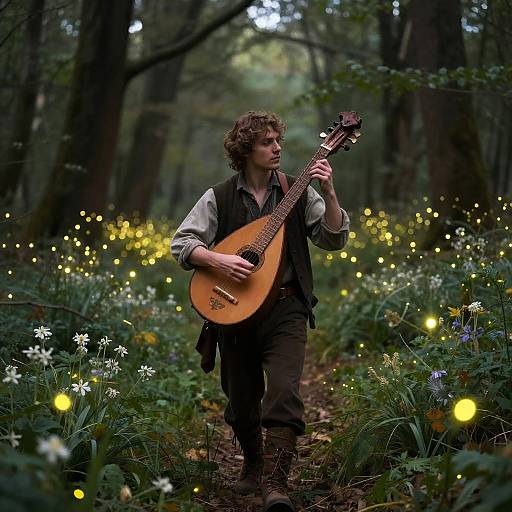 Photograph: Curly-haired young man with fair skin, dressed in earthy tones, playing a wooden guitar in a magical forest illuminated by glowing fire