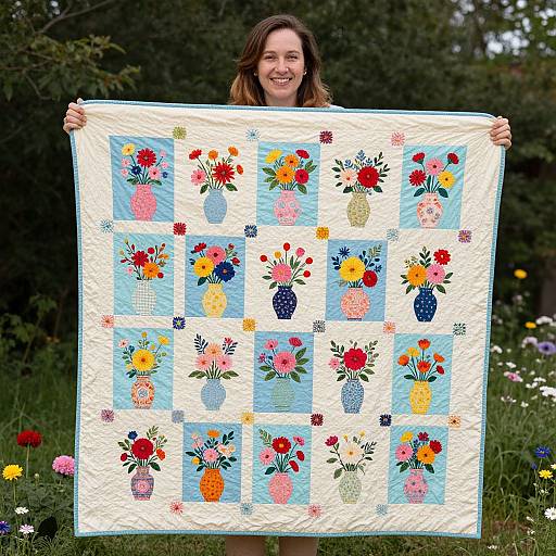 Photograph of a smiling woman holding a colorful quilt with floral patterns, standing in a lush, green garden with wildflowers.
