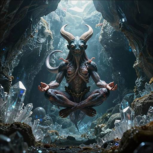 Kraken Humanoid Meditating in Crystalline Cave