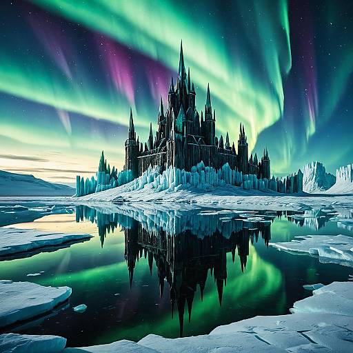 Ice Castle Under Aurora Borealis