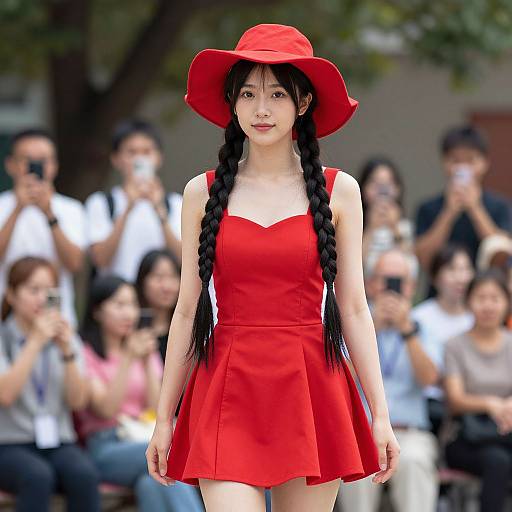 Photorealistic CGI: Asian woman with long black braids, wearing a red dress and wide-brimmed red hat, walks confidently in front of
