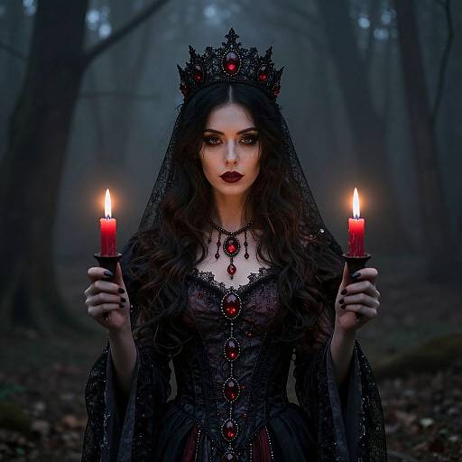 Photograph-style digital artwork of a dark-haired, pale-skinned woman with red eyes, wearing a black lace gown and crown, holding red candlesticks
