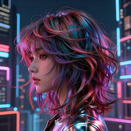 Digital artwork of a young woman with vibrant, multicolored, wavy hair and neon-lit cityscape background, wearing a shiny, metallic jacket