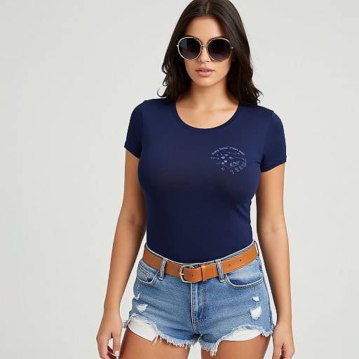 Photograph of a woman with long black hair, wearing large round sunglasses, navy t-shirt, and frayed denim shorts with a brown belt.