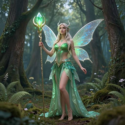 Digital fantasy artwork of a blonde fairy woman in a green, glowing outfit with translucent wings, holding a magical staff in a mystical forest.