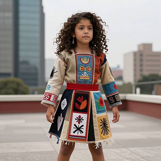Photograph of a young girl with curly black hair, wearing a colorful, embroidered traditional dress, standing on a rooftop with urban buildings in the background.