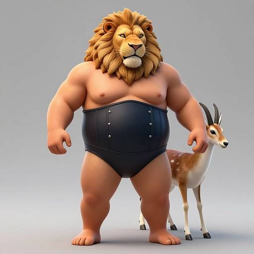 CGI image of a muscular, anthropomorphic lion with a mane, wearing black leather shorts, standing beside a small antelope with white spots.