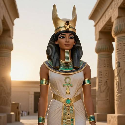 Digital art of an Egyptian deity woman with dark skin, black bob hair, gold headpiece, white dress, adorned with green and gold jewelry, standing