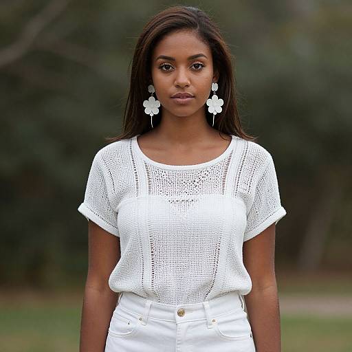 Photograph of a young Black woman with dark brown skin, wearing a white lace top, white high-waisted pants, and white flower earrings,