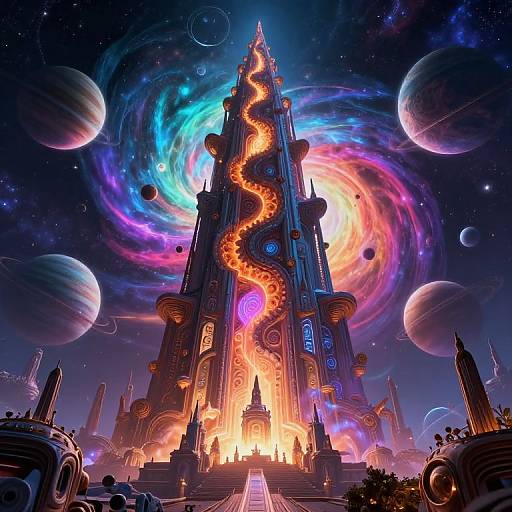 Digital art of a glowing, spiral staircase tower with fiery orange paths, surrounded by colorful nebulas, planets, and futuristic structures.