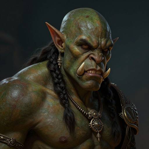 Photorealistic CGI orc with green, scaly skin, braided black hair, large tusks, pointed ears, and ornate jewelry, set