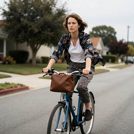 Woman Riding Bicycle on Suburban Street