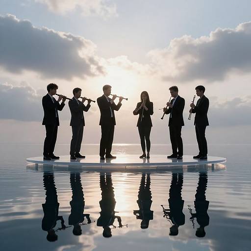 Silhouetted musicians playing various instruments on a floating platform at sunset, with reflected image in calm water, under cloudy sky.