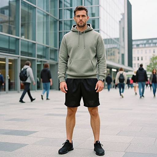 Photograph of a serious, muscular man in a gray hoodie, black shorts, and black sneakers, standing in a busy urban plaza with modern glass buildings