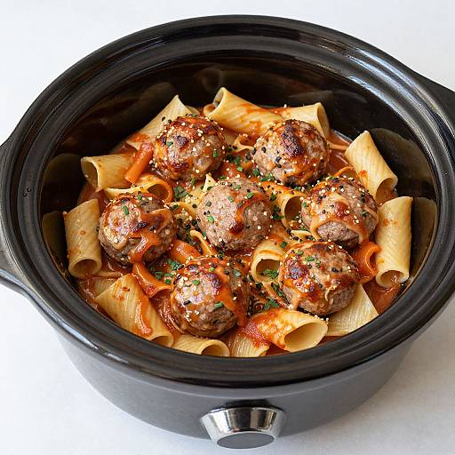 Photograph of a black ceramic dish filled with pasta rings, topped with browned meatballs in tomato sauce, sprinkled with parsley.