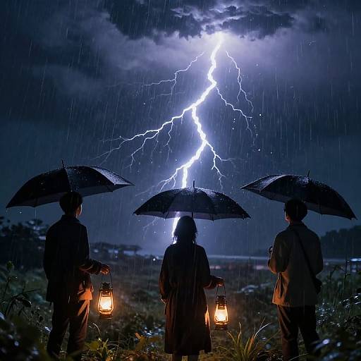 Photograph of three silhouetted people with umbrellas, holding lanterns, watching a bright lightning bolt illuminate a stormy, rainy night sky