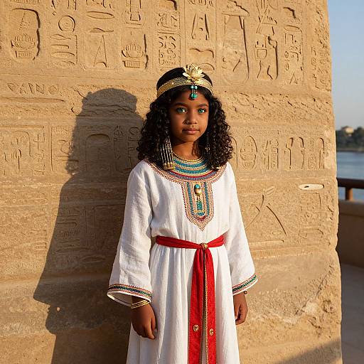 Photograph of a young girl with dark curly hair, wearing an Egyptian-style white dress, red sash, and gold headpiece, standing in front