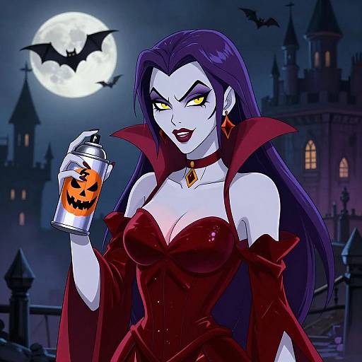 Digital anime-style drawing of a vampire woman with blue skin, long purple hair, yellow eyes, holding a jack-o'-lantern can, in front