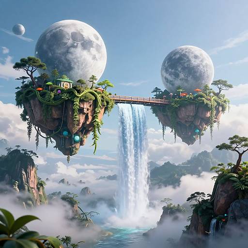 Digital art of a fantasy landscape with two floating islands, a suspended bridge, waterfall, lush greenery, and two large moons.