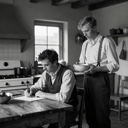 Rustic Kitchen Scene with Two Men
