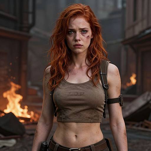 Photograph-style CGI of a red-haired woman with dirt-streaked face, bruised, in brown crop top and harness, standing in a burning