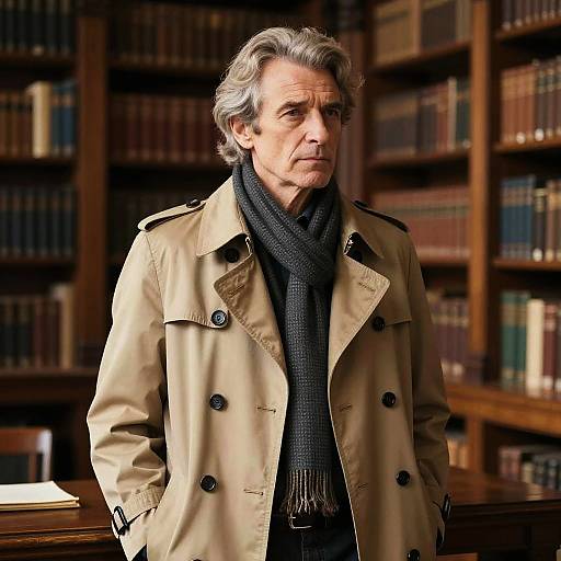 Photograph of an older man with gray hair, wearing a beige trench coat and black scarf, standing in a dimly lit, book-filled library.