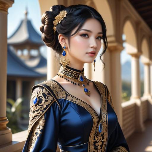 Elegant Woman in Ornate Black and Gold Outfit