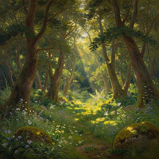 Sunlit forest clearing with tall trees, lush greenery, yellow sunlight filtering through, and white and purple wildflowers growing among moss-covered rocks. Phot