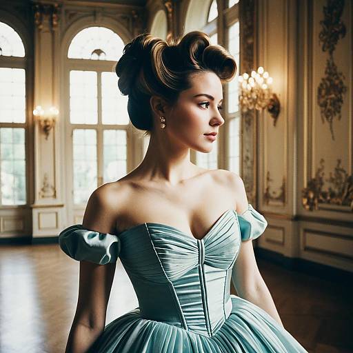 Fashion Icon in Vintage Ball Gown and Updo Hairstyle