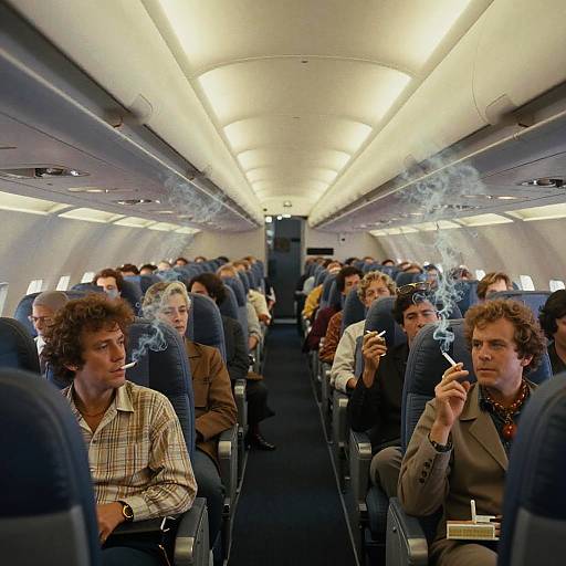 Photograph of a crowded airplane cabin with passengers smoking, visible blue cigarette smoke, dim overhead lights, and blue seats.