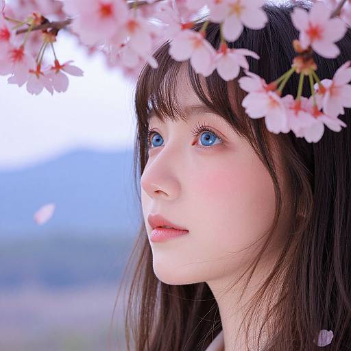 Photograph of a fair-skinned, blue-eyed woman with straight brown hair, framed by pink cherry blossoms, gazing thoughtfully into the distance