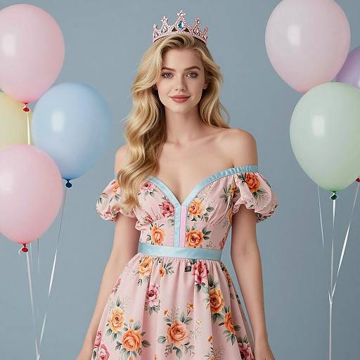 Young Woman in Floral Dress with Crown and Balloons