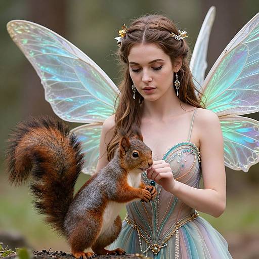Photograph of a fairy-like young woman with iridescent wings, wearing a teal dress, holding a curious red squirrel on her hand.