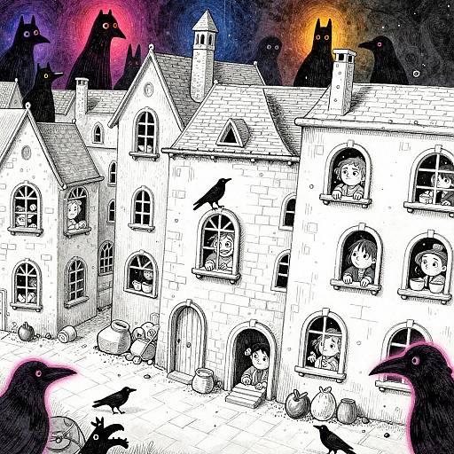 Whimsical black and white drawing of a spooky, castle-like house with arched windows, crows, and shadowy, glowing-eyed creatures in