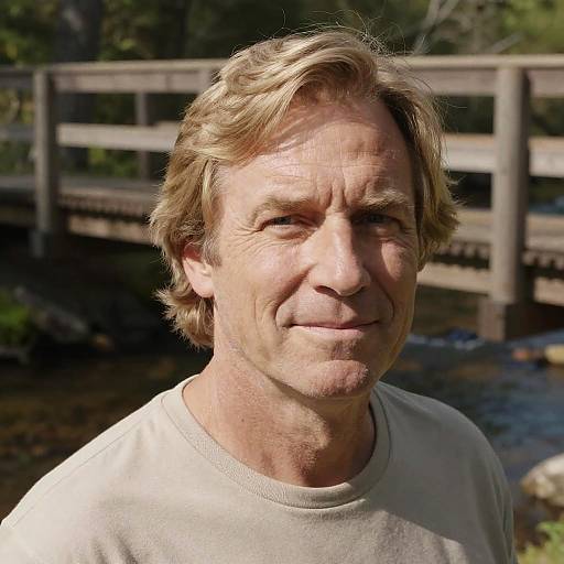 Photograph of an older man with light blonde hair, wearing a white t-shirt, smiling slightly outdoors with a wooden fence in the background. Natural light