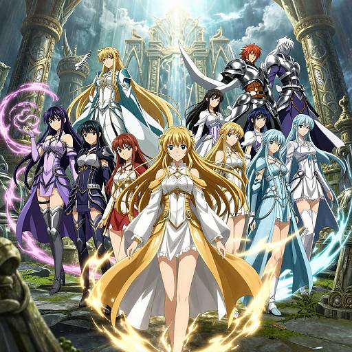 Anime-style digital artwork of a group of fantasy warriors with long hair, intricate armor, and glowing abilities in a ruined, sunlit temple. Central blonde