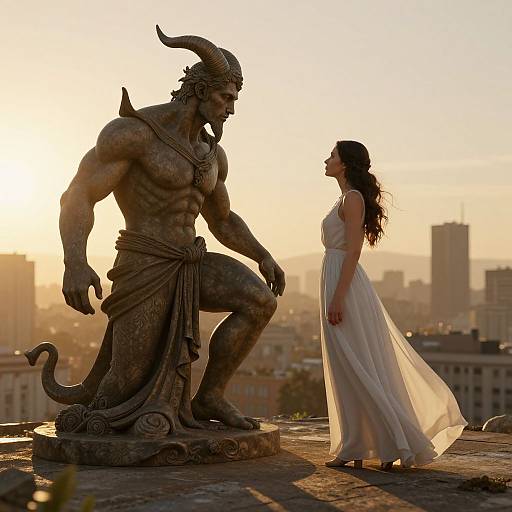 Photograph: Silhouetted at sunset, a muscular, horned demon statue kneels facing a flowing, white-gowned woman on a rooftop