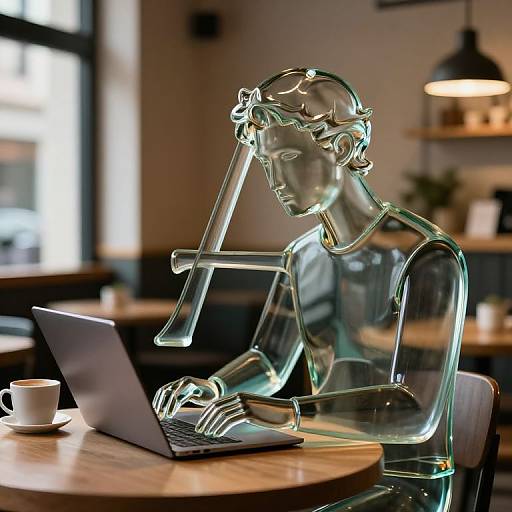 Transparent glass sculpture of a frustrated person with hand on forehead, typing on laptop in a cozy café with a cup on the table.