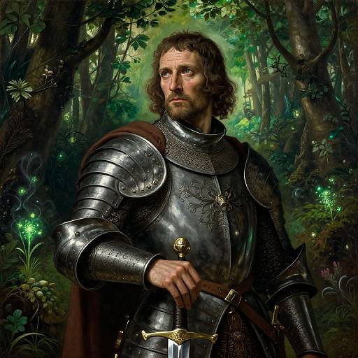 Digital painting of a curly-haired, bearded medieval knight in shiny, ornate armor, holding a sword in a mystical, dark forest with glowing fire