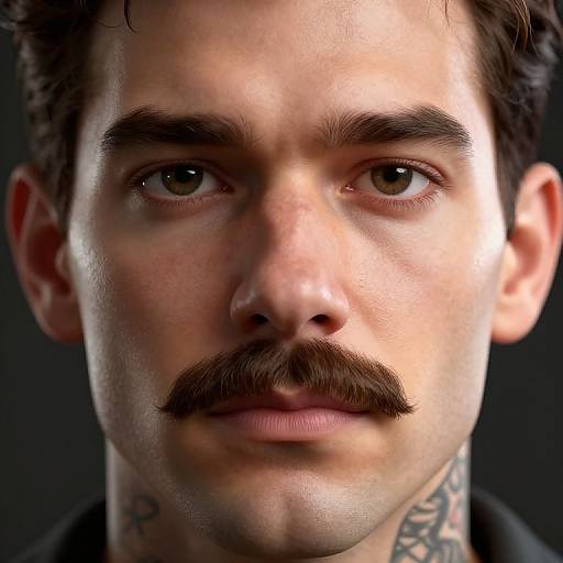 Close-up photograph of a young man with light skin, brown eyes, dark curly hair, thick mustache, and tattooed neck, against a dark