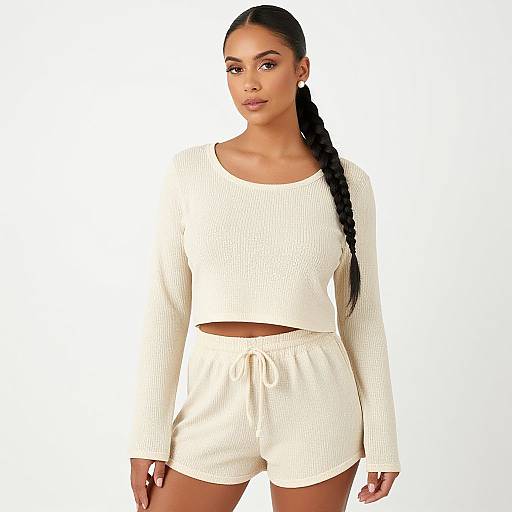 Photograph of a young Black woman with long braided hair, wearing a white ribbed crop top and matching shorts, standing against a plain white background