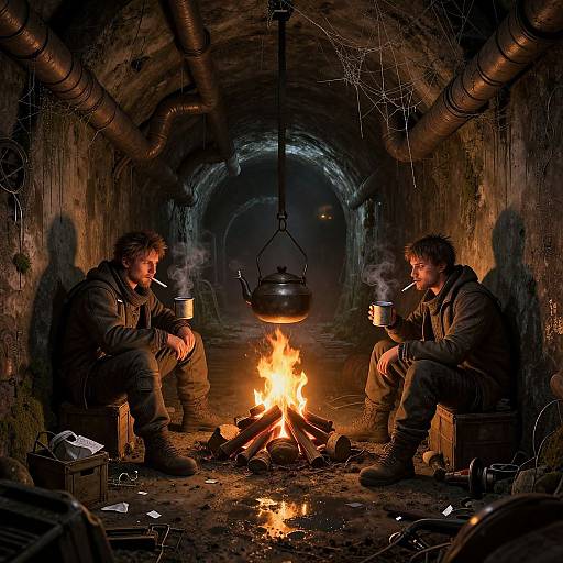 Photograph of two rugged, bearded men in dark jackets, sitting across a campfire in a dim, industrial tunnel with hanging pipes, drinking from