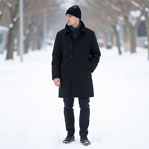 Photograph of a young Caucasian man in a black coat, beanie, and pants, standing in a snowy, tree-lined street.