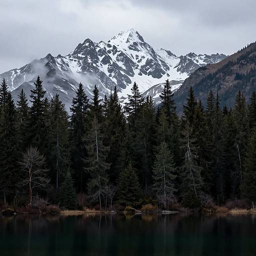 Photograph of a snowy mountain range with jagged peaks, surrounded by dense dark evergreen forest, and reflecting in a calm, mirror-like lake.