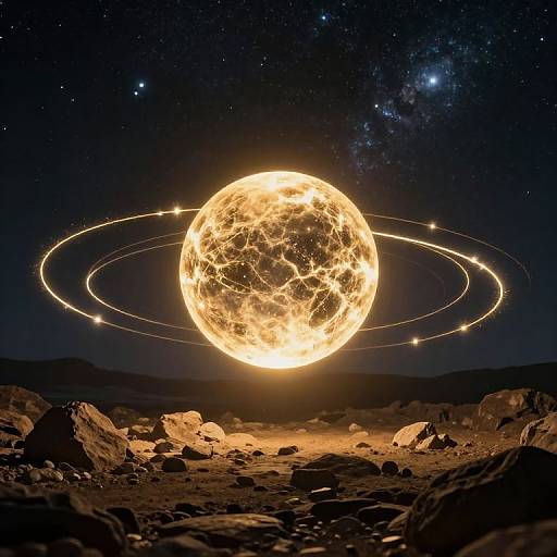 Photorealistic CGI of a glowing, luminous planet with three bright rings orbiting, set against a starry night sky over a rocky, desert