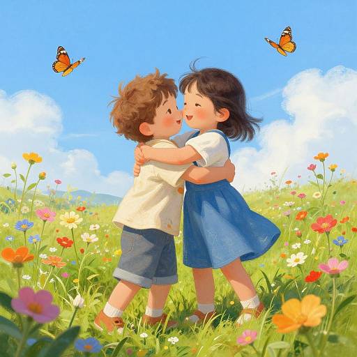 Playful Children Hugging in Meadow