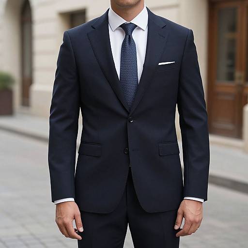 Photograph of a man in a tailored black suit, white shirt, and dark blue patterned tie, standing on a cobblestone street.
