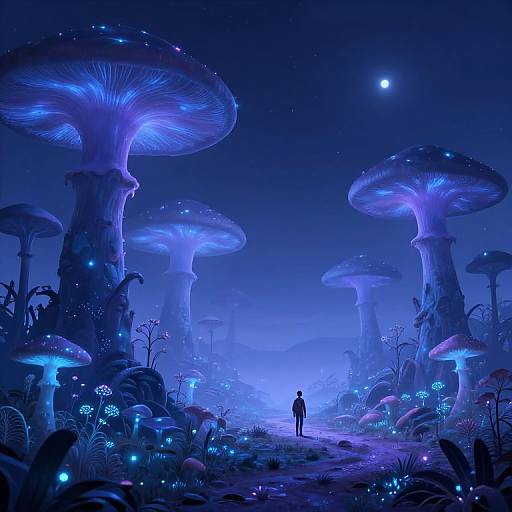 Digital artwork of a lone figure standing in a glowing blue, moonlit forest of enormous, bioluminescent mushrooms surrounded by sparkling fireflies.