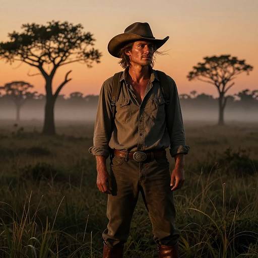 Photograph of rugged man in brown hat and shirt, standing in grassy savanna at sunset, with silhouetted trees and misty background