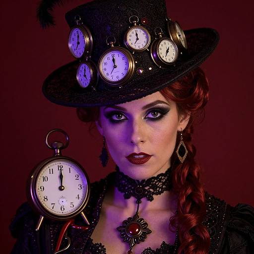 Steampunk portrait of a pale-skinned woman with red hair, dark makeup, and black lace choker, wearing a clock-adorned hat